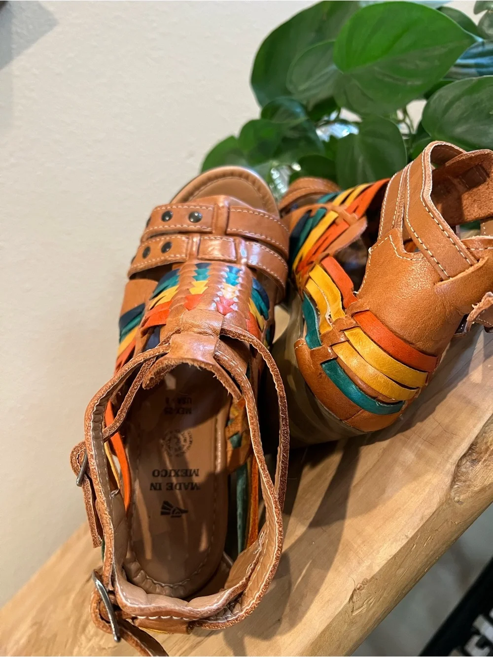 Tan Leather Platform Sandals with Multicolor Woven Accents